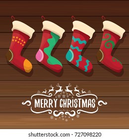 vector cartoon cute christmas stocking or socks with color ornament. Merry Christmas vector greeting card or background with calligraphic text on old vintage wooden background