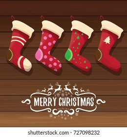 vector cartoon cute christmas stocking or socks with color ornament. Merry Christmas vector greeting card or background with calligraphic text on old vintage wooden background