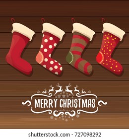 vector cartoon cute christmas stocking or socks with color ornament. Merry Christmas vector greeting card or background with calligraphic text on old vintage wooden background