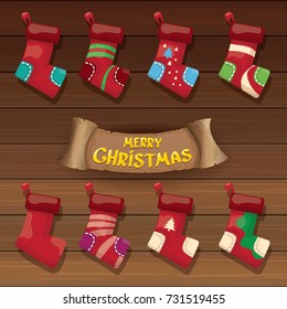 vector cartoon cute christmas stocking or socks with color ornament. Merry Christmas vector greeting card or background with calligraphic text on old vintage wooden 