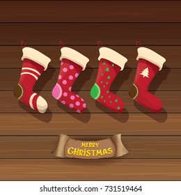 vector cartoon cute christmas stocking or socks with color ornament. Merry Christmas vector greeting card or background with calligraphic text on old vintage wooden 
