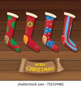 vector cartoon cute christmas stocking or socks with color ornament. Merry Christmas vector greeting card or background with calligraphic text on old vintage wooden 