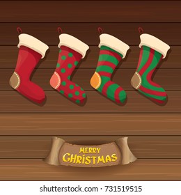 vector cartoon cute christmas stocking or socks with color ornament. Merry Christmas vector greeting card or background with calligraphic text on old vintage wooden 