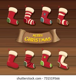 vector cartoon cute christmas stocking or socks with color ornament. Merry Christmas vector greeting card or background with calligraphic text on old vintage wooden 