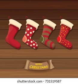 vector cartoon cute christmas stocking or socks with color ornament. Merry Christmas vector greeting card or background with calligraphic text on old vintage wooden 