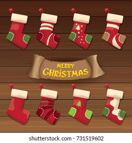 vector cartoon cute christmas stocking or socks with color ornament. Merry Christmas vector greeting card or background with calligraphic text on old vintage wooden 
