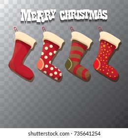 vector cartoon cute christmas stocking or socks with color ornament isolated on transparent background. Merry Christmas vector greeting card or background with cartoon greeting text