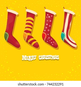 vector cartoon cute christmas stocking or socks with color ornament isolated on orange background. Merry Christmas vector greeting card or background with cartoon greeting text