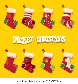 vector cartoon cute christmas stocking or socks with color ornament isolated on orange background. Merry Christmas vector greeting card or background with cartoon greeting text
