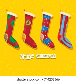 vector cartoon cute christmas stocking or socks with color ornament isolated on orange background. Merry Christmas vector greeting card or background with cartoon greeting text