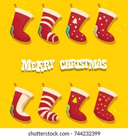 vector cartoon cute christmas stocking or socks with color ornament isolated on orange background. Merry Christmas vector greeting card or background with cartoon greeting text