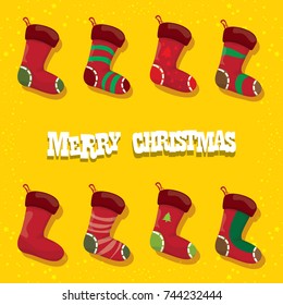vector cartoon cute christmas stocking or socks with color ornament isolated on orange background. Merry Christmas vector greeting card or background with cartoon greeting text