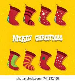 vector cartoon cute christmas stocking or socks with color ornament isolated on orange background. Merry Christmas vector greeting card or background with cartoon greeting text