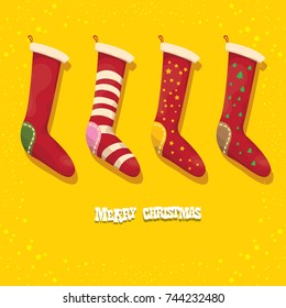 vector cartoon cute christmas stocking or socks with color ornament isolated on orange background. Merry Christmas vector greeting card or background with cartoon greeting text