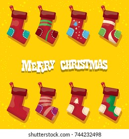 vector cartoon cute christmas stocking or socks with color ornament isolated on orange background. Merry Christmas vector greeting card or background with cartoon greeting text