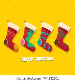 vector cartoon cute christmas stocking or socks with color ornament isolated on orange background. Merry Christmas vector greeting card or background with cartoon greeting text