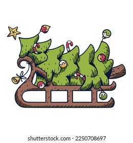 Vector Cartoon Cute Christmas Tree And Sled Illustration Isolated