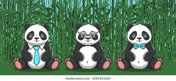 Vector cartoon cute chubby sitting three soft cuddly pandas, in glasses and ties. Asian forest animals. Toon bamboo bear. Wildlife and zoo. Chinese fauna