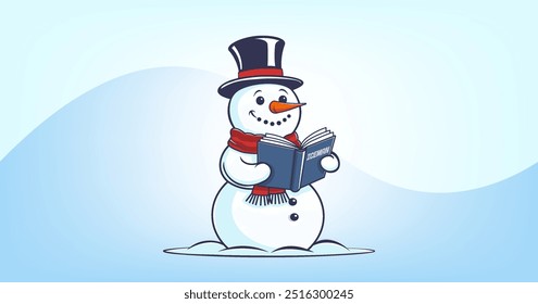 Vektor Cartoon niedlich klassischen Neujahr festlich lächelnd smart Art Schneemann in Hut und roten Schal Lesung Fee blaues Buch. Weihnachtsstimmung.