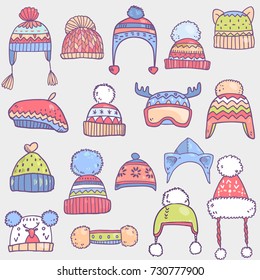 Vector cartoon cute collection set with colorful winter hats 