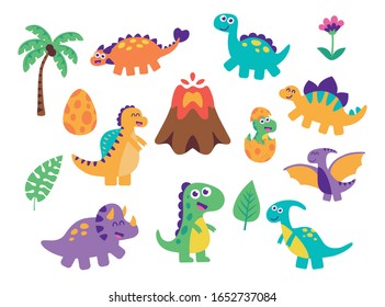 Vector cartoon cute colorful jurassic dinosaurs isolated