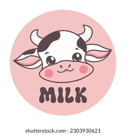  Vector cartoon cute cow character mascot for milk flar style isolated with inscription Cow milk