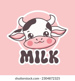 Vector cartoon cute cow character mascot for milk flar style isolated with inscription Cow milk