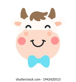 Vector cartoon cute cow face A bull and a female with a bow Separate from the background