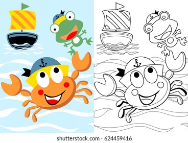 vector cartoon of cute crab and frog wearing sailor cap with sailboat, coloring book or page