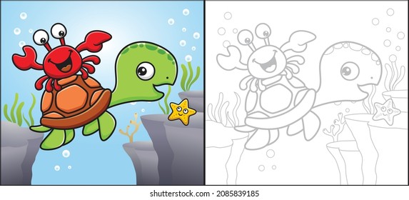 Vector cartoon of cute crab ride on turtles back with funny starfish undersea. Coloring book or page