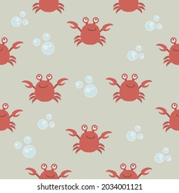 Vector cartoon cute crab seamless pattern with blue bubbles in beige background.