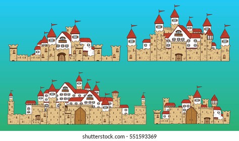 Vector cartoon cute creator castles. Set of medieval architecture with houses, towers, fences, walls, gates.