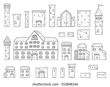 Vector cartoon cute creator castles. Set of medieval architecture: houses, towers, fences, walls, gates.