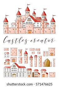 Vector cartoon cute creator castles. Set of medieval architecture: houses, towers, fences, walls, gates.