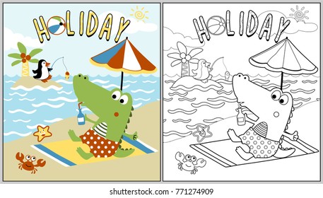 Vector cartoon of cute crocodile with penguin holiday in beach, coloring page or book