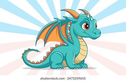 Vector cartoon cute cuddly green dragon cub with wings. Kawaii fairy tale magical creature. The legendary kind little animal. White isolated background.