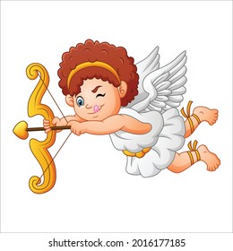 Vector cartoon of cute cupid angel learn archery. Individually on a white background.