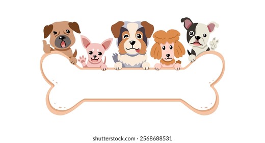 Vector cartoon cute different breeds of dogs with bone sign for design.