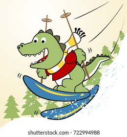 vector cartoon cute dinosaur playing ski in snow mountain