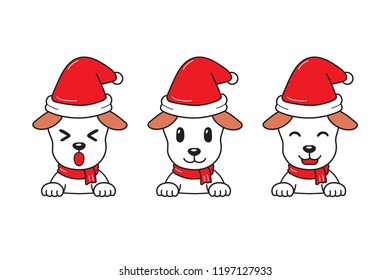 Vector cartoon cute dog with santa claus christmas hat set for design.