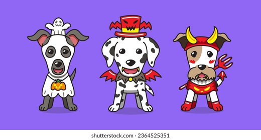 Vector cartoon cute dogs with halloween costumes for design.