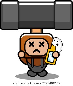 vector cartoon cute doodle mallet mascot costume character holding beer bottle