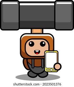 caricatura vectorial lindo doodle maleta mascota personaje de disfraces sostiene teléfono celular