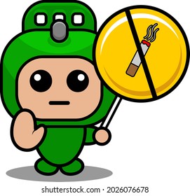 caricatura vectorial lindo doodle rodillo pasador mascota personaje de disfraz sostiene cartel de no fumar