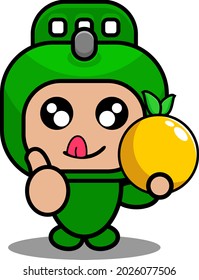 vector cartoon cute doodle rolling pin mascot costume character holding orange fruit