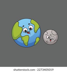 Vector cartoon cute earth and moon space planet science