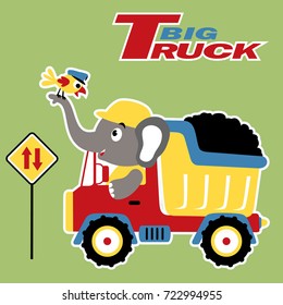 vector cartoon of cute elephant driving dump truck with a bird on it trunk