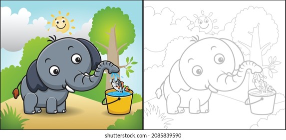 Vector cartoon of cute elephant with fish in bucket, smiling sun behind cloud. Coloring book or page