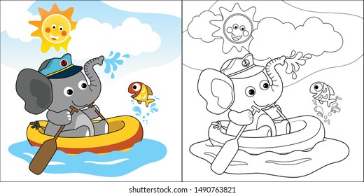 vector cartoon of cute elephant on inflatable boat with a little fish at summer, coloring book or page