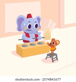 Vector cartoon of a cute elephant selling Turkish ice cream on the side of the road is afraid and can't do his tricks on rich mouse customers